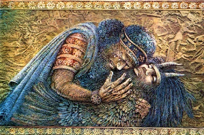 Picture of Gilgamesh crying over the body of Enkidu, his beloved friend.
