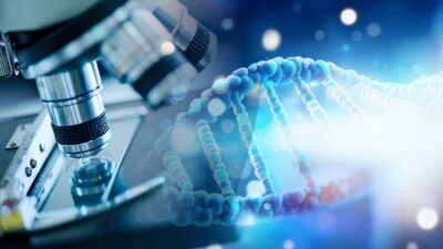 DNA with a microscope to explain researching aging.