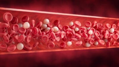 Flowing blood with white blood cells